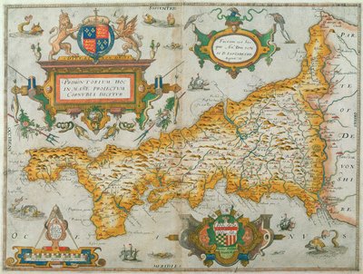 Carte du comté de Cornwall, 1579 (gravure coloriée à la main) - Christopher Saxton